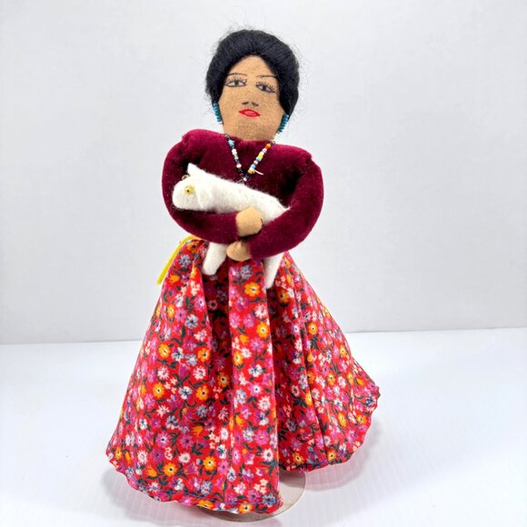 Vintage Fabric Cloth Doll Holding Lamb Southwest Decor Handmade Folk Art - Picture 1 of 11